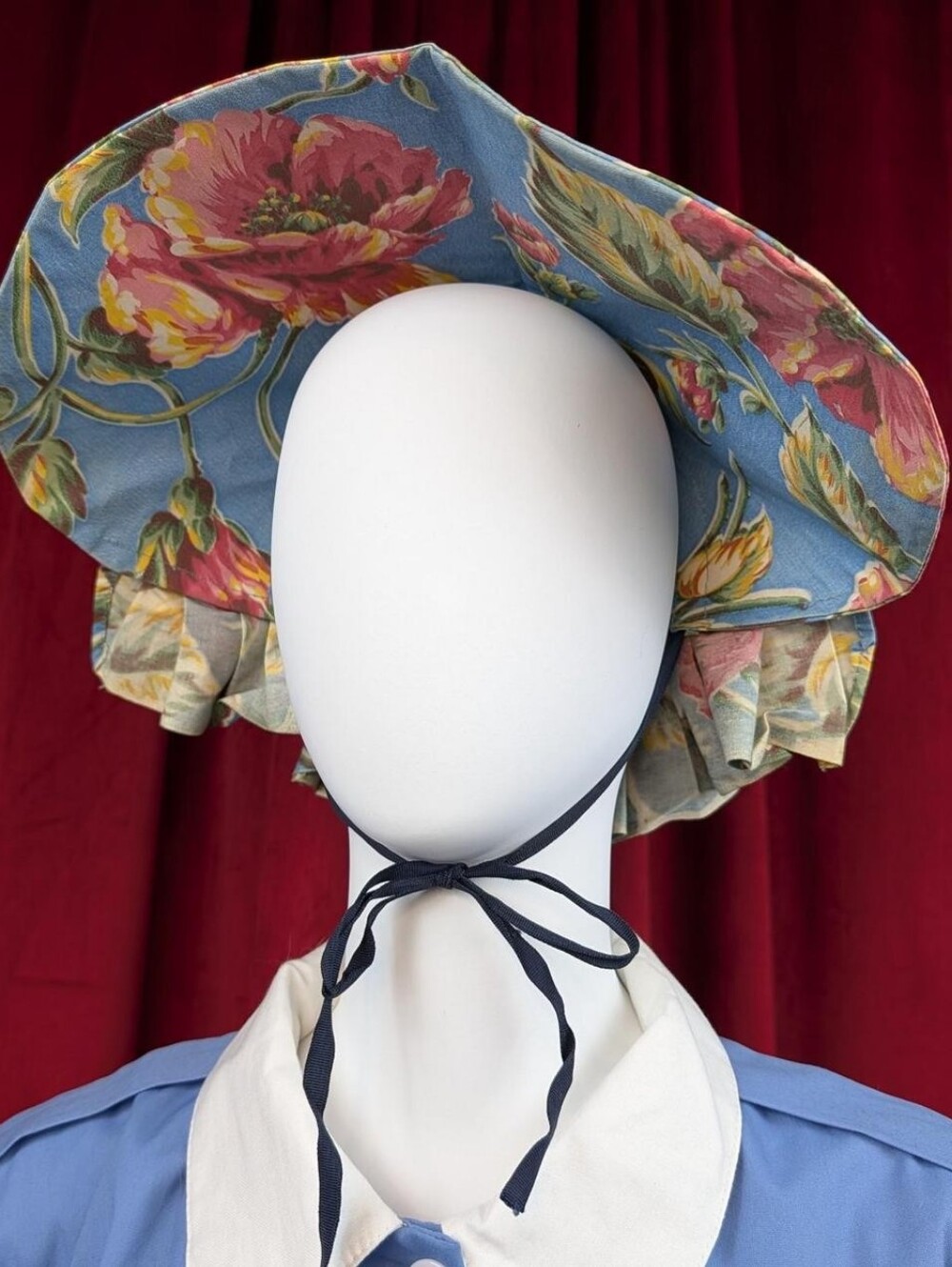 Vintage Handmade One of a Kind Blue, Pink, Green, & Yellow Floral Pioneer Bonnet